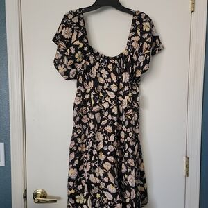 Old Navy Black Floral Midi Dress with Scoop Neck